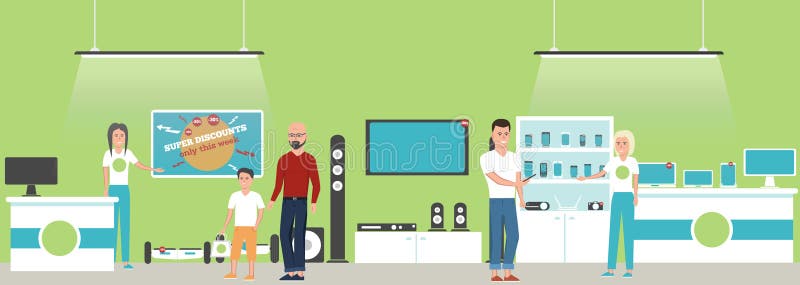Electronics store banner with shopping people royalty free illustration