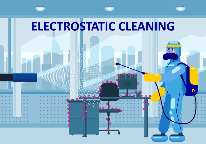 Electrostatic Disinfection Cleaning Service. Man Dressed in Uniform in a Special Suit with
