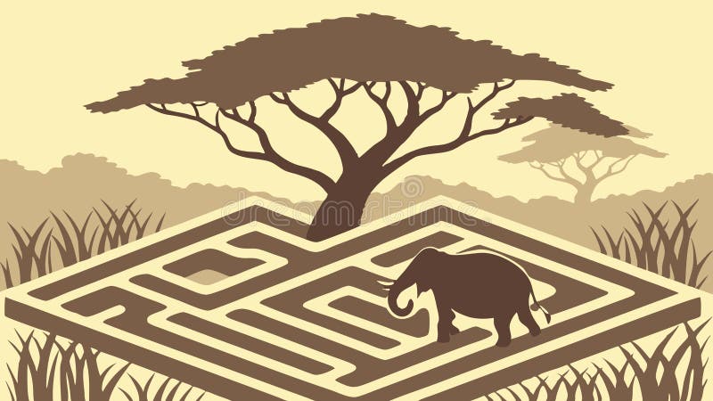 Elefant Navigation Mazelike Savanna Landcape Nature Puzzle vektor design Generative AI. En kreativ vektorillustration som skildrar en elefant som navigerar i ett mazelikt savanna-landskap som kombinerar vilt med ett pusslmotiv. Denna bild kan symbolisera komplexiteten hos utmaningar för bevarande av livsmiljöer eller strategisk miljöplanering. Lämplig för utbildningsspel, konceptuell design för miljömedvetandehöjande kampanjer eller illustrationer om viltvård. En tanke