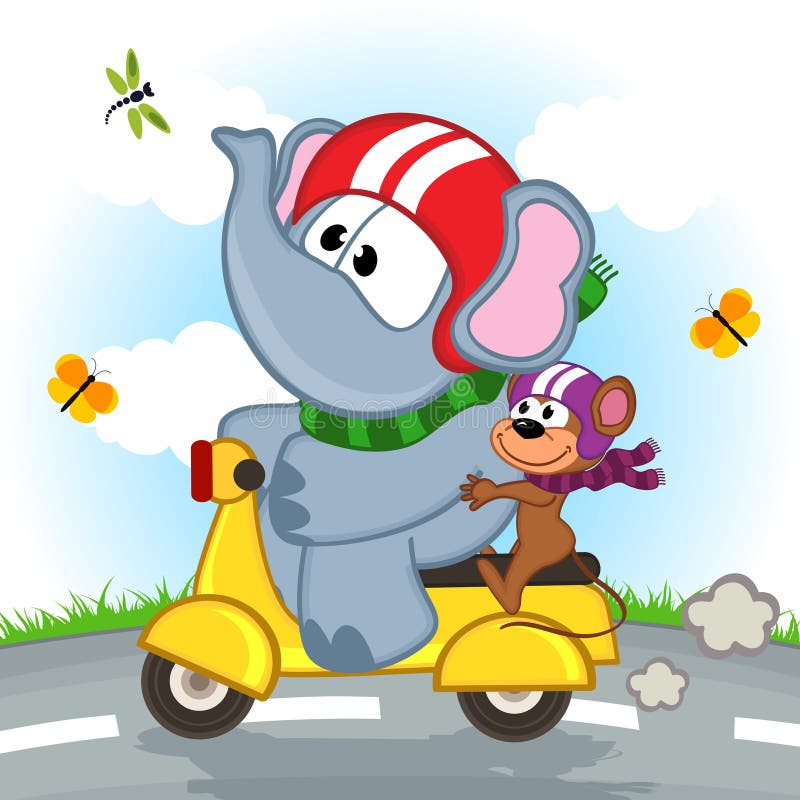 Elefant- och musridningsparkcykel vektor illustrationer Elefant- och musridningsparkcykel vektor illustrationer