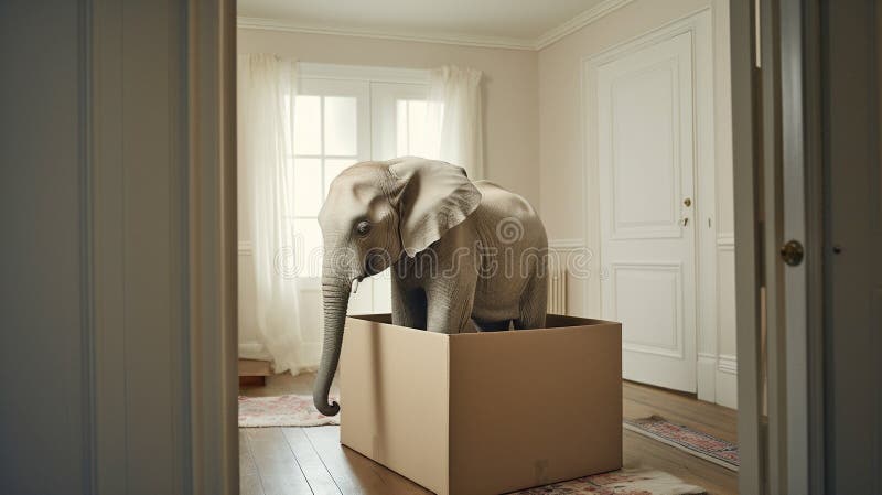 elephant in small room, concept of cramped condition with space constraints, lack of space in living room