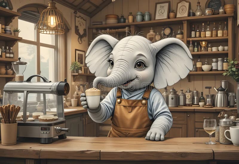 Elefante Barista Serve Caffè in un bar Rustic illustrazione di stock
