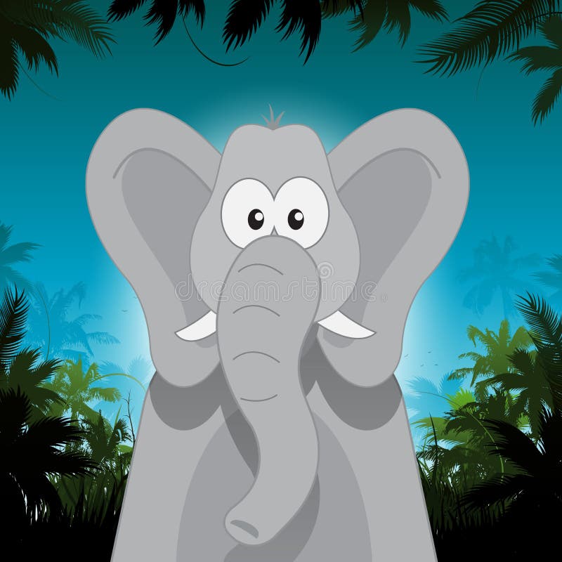 Elefante bonito dos desenhos animados na frente do fundo da selva ilustração do vetor Elefante bonito dos desenhos animados na frente do fundo da selva ilustração do vetor