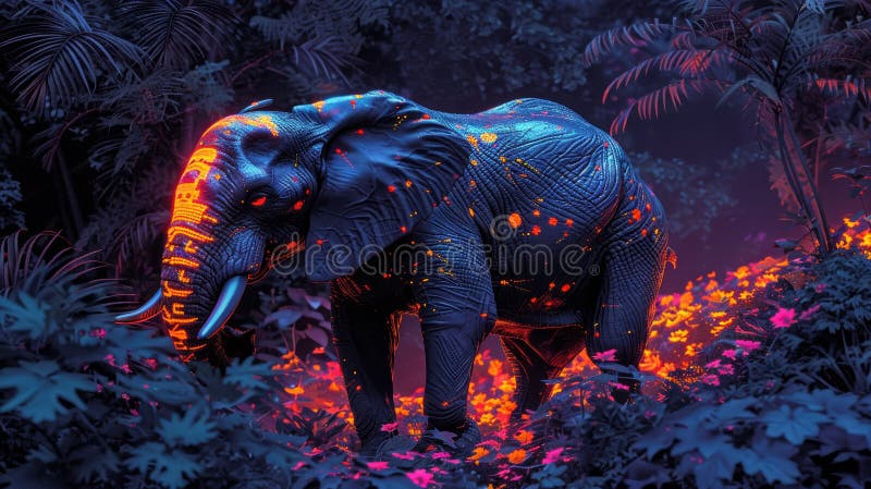 Elefante di Neon che soffia in una giungla mistica di notte con colori vibranti e foglie di lussuria illustrazione vettoriale