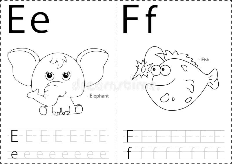 Elefante e pesce del fumetto Foglio di lavoro di rintracciamento di alfabeto: scrittura del A illustrazione di stock Elefante e pesce del fumetto Foglio di lavoro di rintracciamento di alfabeto: scrittura del A illustrazione di stock