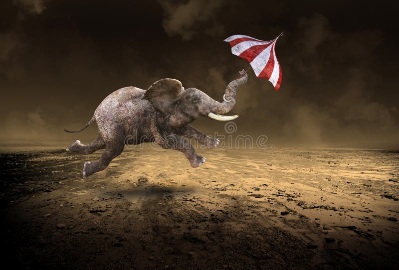 Elefante surrealista del vuelo, desierto solitario ilustración del vector Elefante surrealista del vuelo, desierto solitario ilustración del vector