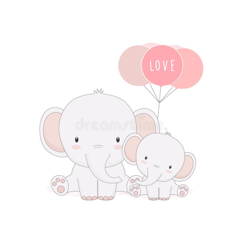 Elefante sveglio del bambino e della mamma con i palloni Carta di giorno del ` s della madre royalty illustrazione gratis Elefante sveglio del bambino e della mamma con i palloni Carta di giorno del ` s della madre royalty illustrazione gratis