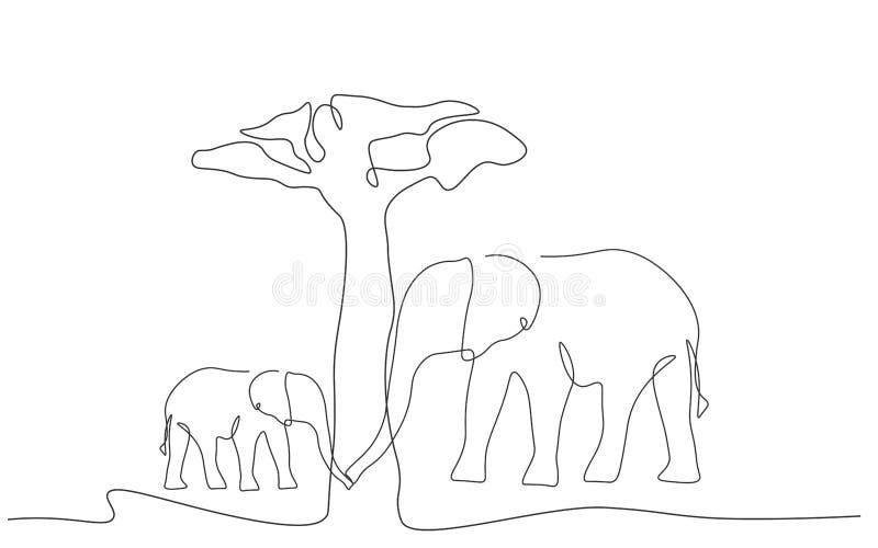 Elefantfamilj nära trädbaobaben, afrikansk landskaplinje teckningsvektor stock illustrationer Elefantfamilj nära trädbaobaben, afrikansk landskaplinje teckningsvektor stock illustrationer