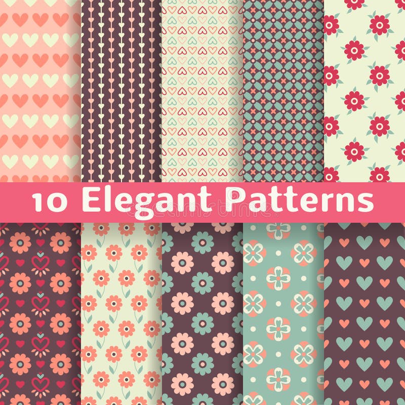 10 Elegant romantic vector seamless patterns (tiling). Retro pink, brown and blue colors. Endless texture can be used for printing onto fabric and paper or scrap booking. Heart, flower. 10 Elegant romantic vector seamless patterns (tiling). Retro pink, brown and blue colors. Endless texture can be used for printing onto fabric and paper or scrap booking. Heart, flower.