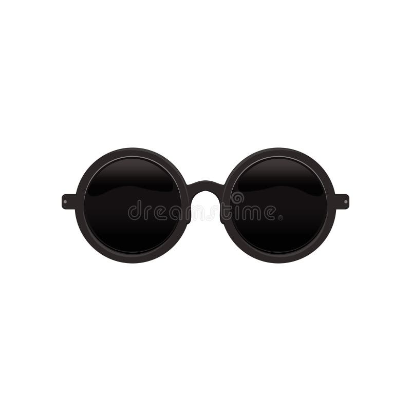 Elegant round circular sunglasses with black lenses and metal frame. Protective eyewear from bright sunlight. Cartoon icon of fashion accessory. Colored flat vector design isolated on white background. Elegant round circular sunglasses with black lenses and metal frame. Protective eyewear from bright sunlight. Cartoon icon of fashion accessory. Colored flat vector design isolated on white background