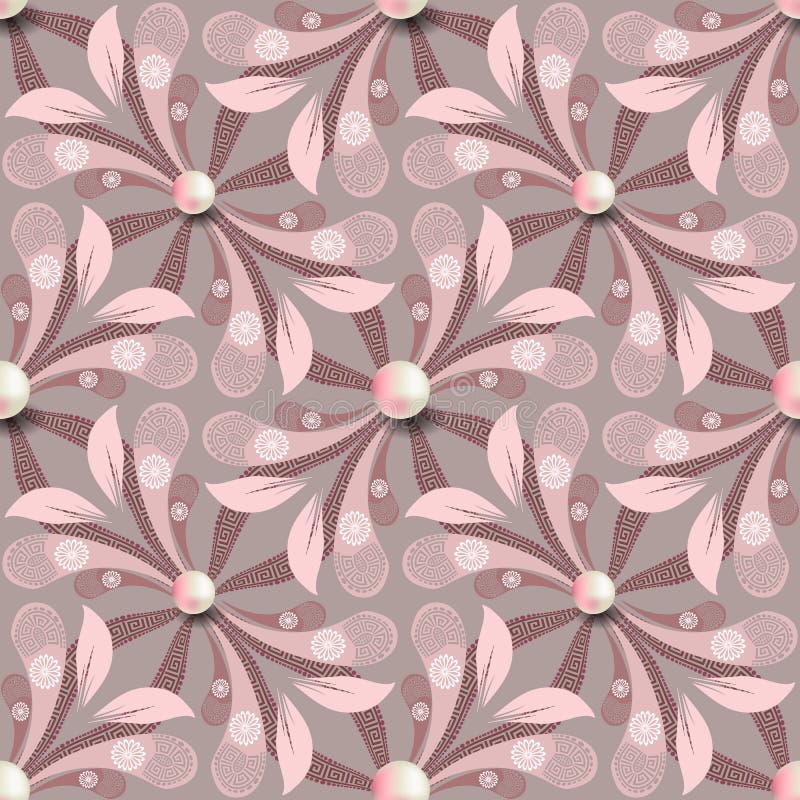 Elegance floral greek vector seamless pattern. Jewelry pink background with 3d white pearls. Paisley flowers with greek stock illustration Elegance floral greek vector seamless pattern. Jewelry pink background with 3d white pearls. Paisley flowers with greek stock illustration