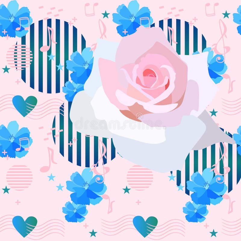 Elegance floral pattern with luxury white rose, music notes and signs and graphic elements in memphis style on light pink vector illustration Elegance floral pattern with luxury white rose, music notes and signs and graphic elements in memphis style on light pink vector illustration