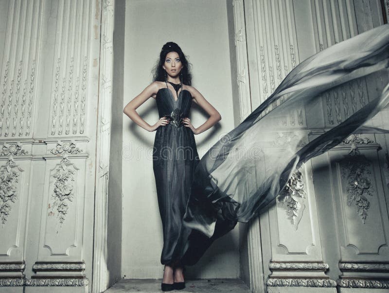 Elegance Woman with Flying Dress in Palace Room Stock Photo - Image of ...