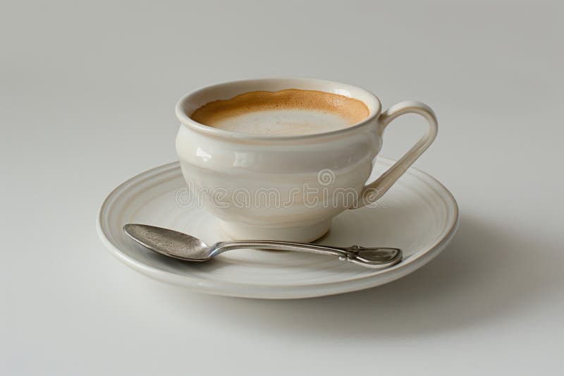 Classic white coffee cup on a saucer with a silver teaspoon, evoking a peaceful coffee moment AI generated. Classic white coffee cup on a saucer with a silver teaspoon, evoking a peaceful coffee moment AI generated