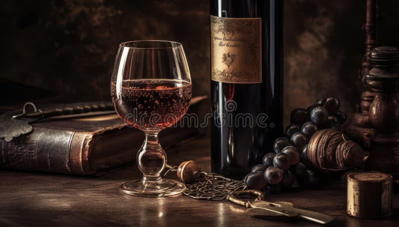 Elegancja ponadczasowa : czerwone wino i winogrona na stoły vintage generator ai ilustracji