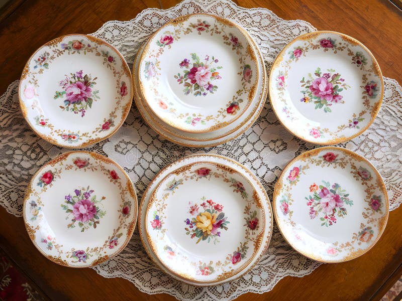 Elegancja ponadczasowa : Drewniany stół pokryty koronką, ozdobiony wspaniałymi kwiatowymi płytami z porcelany i delikatną dekoracj royalty ilustracja