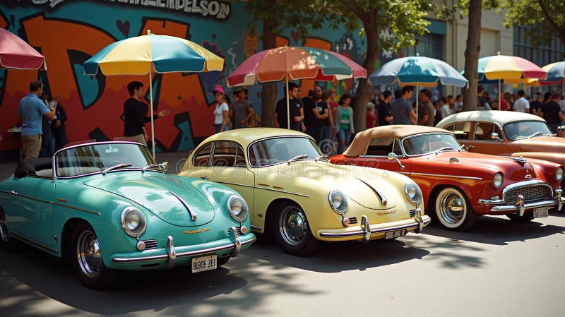 Elegancja ponadczasowa : Vintage Cars in the Lively Urban Setting ilustracji