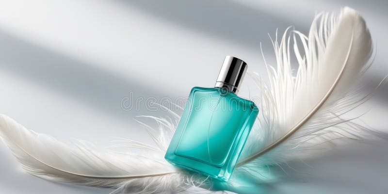 Elegancka butelka perfum turkusowego na miękkim tle pióra obrazy royalty free