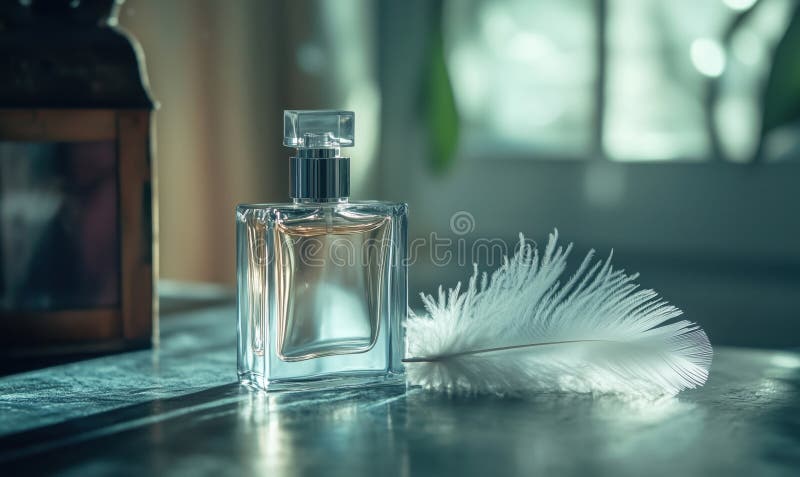 Elegancka butelka perfum z miękkim piórkiem ciepłe światło tworzące pogodną atmosferę, ukazująca luksus i wyrafinowanie obrazy royalty free