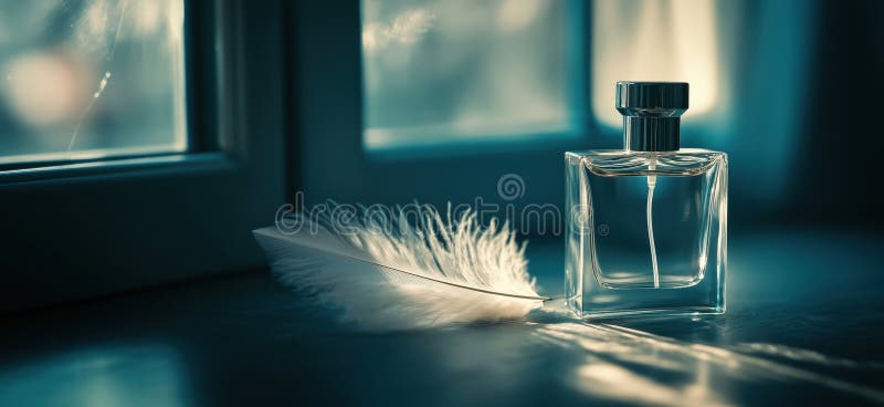 Elegancka butelka perfum z miękkim piórkiem na świetle okiennym przedstawiająca luksusową i wyrafinowaną przestrzeń na tekst obraz royalty free