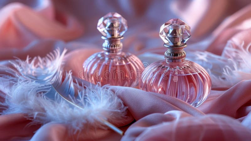 Elegancka koncepcja zapachowa z perfumami butelek pióra pióra i różowego aksamitnego materiału dodającego romantyczną i zdjęcia royalty free