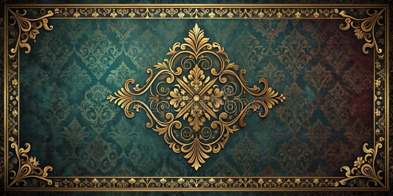 Elegancka pozłacana ramka z ozdobnym projektem na ciemnym tle teal damask. ilustracja wektor