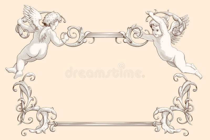 Elegancka rama graniczna rocznika z kupidami na wesela i walentynki. grawerowanie ornamonem barokowym ilustracja wektor