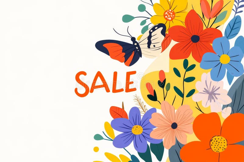 Elegancka reklama sprzedaży przedstawiająca odważny motyl i żywe elementy kwiatowe. Ilustracja estetyczna idealna dla obraz royalty free
