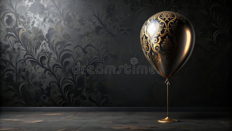 Elegancki balon czarno-złoty w ciemnym pokoju z ozdobną tapetą. Generacyjna AI ilustracja wektor