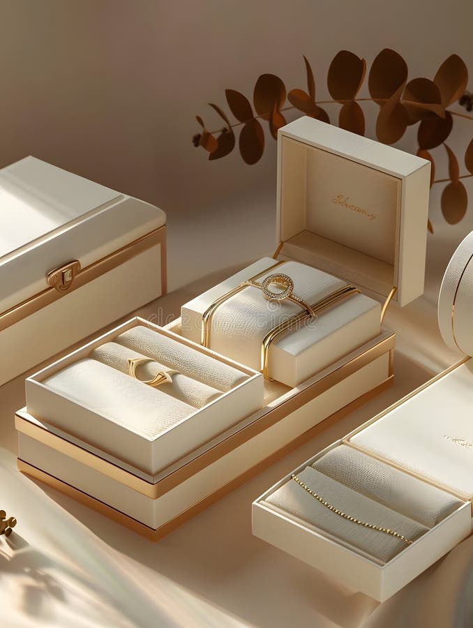 Elegancki biżuteria Packaging Design Luksusowe pudełka Pokaż doskonałe złote pierścienie Bracelety i naszyjniki z Deli ilustracji