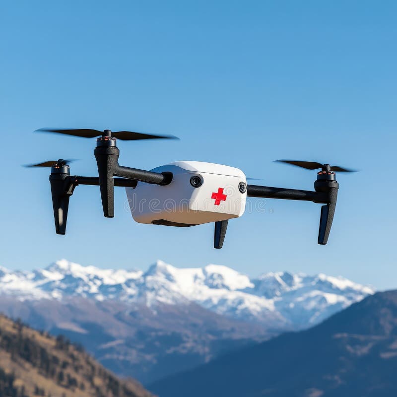 Elegancki Drone Medyczne Rzucające Się Nad Rudym Górskim Krajobrazem royalty ilustracja