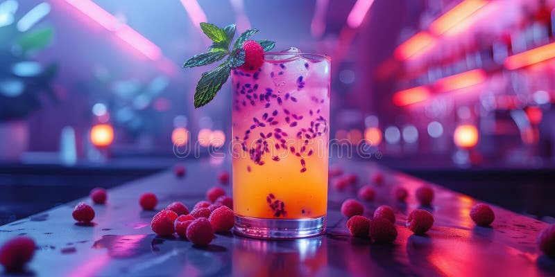 Elegancki koktajl z jagniętami i miętą w neon bar idealnie nadaje się do promocji napojów luksusowych. fotografia stock