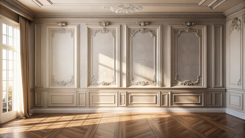 Elegancki pokój słoneczny z panelami ściennymi i drewnianą podłogą. Generacyjna AI ilustracja wektor