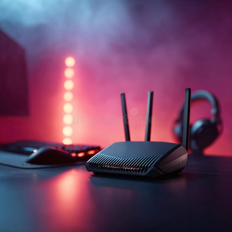 Elegancki router w konfiguracji gier oparty na eleganckim oświetleniu i miękkim zadymieniu. Szybkie przesyłanie strumieniowe w Int ilustracja wektor