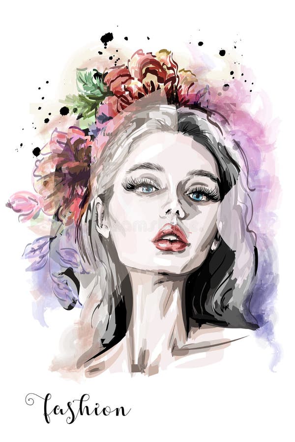 Elegancki skład z ręka rysującym młoda kobieta portretem, kwiatami i akwarela kleksami pięknymi, Mody ilustracja ilustracji