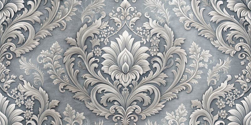 Elegancki srebrny ozdobny i szary projekt kwiatowy damask idealny do luksusowych projektów wnętrz z skomplikowanymi. Elegancki srebrny ozdobny i szary wzór kwiatowy damask idealny do luksusowych projektów wnętrz zawierających skomplikowane rzeźby i wytłoczone wzory. Stylizowana interpretacja z kreatywnością i technicznymi finezją. Generacyjna AI