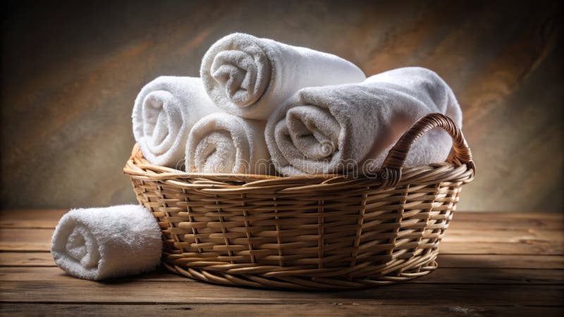 Eleganckie białe ręczniki spa walcowane w wiklinowym koszyku luksusowe zdjęcie spa hotelowego ilustracja wektor