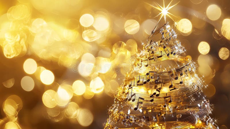 Eleganckie drzewo złożone z nut muzycznych wyróżnionych migoczącymi światłami i ozdobami świątecznymi wyznacza scenę dla zdjęcia royalty free