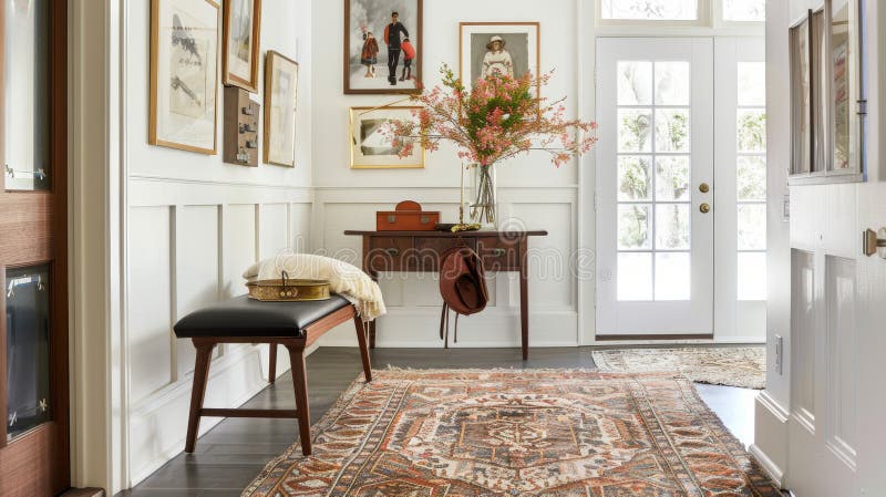 This warm and inviting home entryway features a wooden bench, an antique writing desk, and a vibrant area rug enhancing its charm. Decorated with framed artworks, a hat on the wall, and a bright floral arrangement, it exudes a comforting, rustic elegance. AI generated. This warm and inviting home entryway features a wooden bench, an antique writing desk, and a vibrant area rug enhancing its charm. Decorated with framed artworks, a hat on the wall, and a bright floral arrangement, it exudes a comforting, rustic elegance. AI generated
