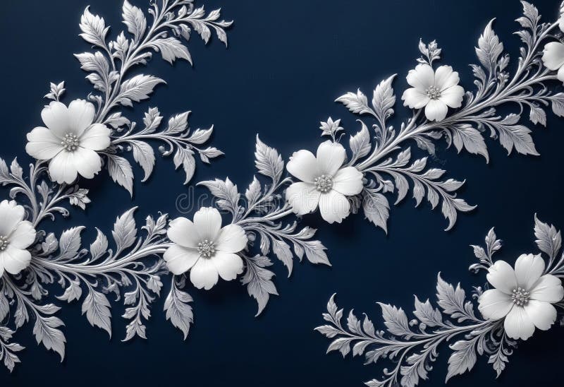 Eleganckie niebieskie tło z zawirowaniami srebrnymi metalowymi i delikatnymi wzorami kwiatów. Generowane przez ai eleganckie niebieskie tło z zawirowanymi srebrnymi metalowymi witrami i delikatnymi wzorami kwiatów