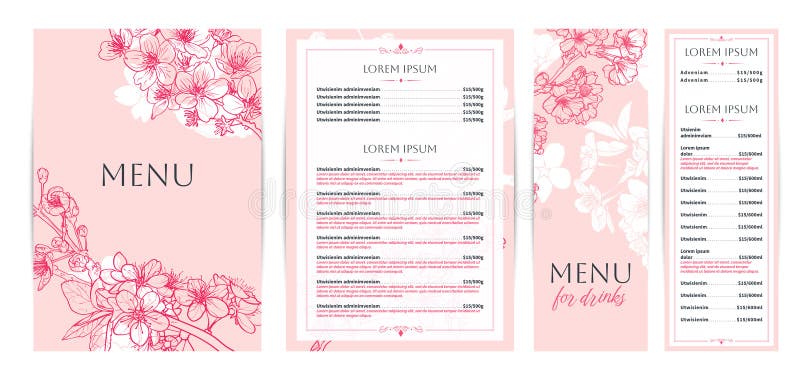 Eleganckie projekty menu różowych potraw i napojów. ilustracji