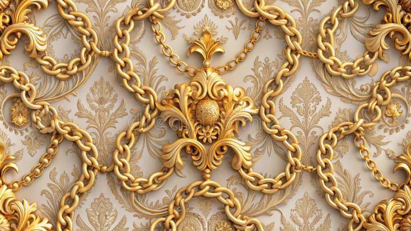 Eleganckie złote łańcuchy i ozdobne projektowanie kwiatów na luksusowym tle teksturowanym. Generacyjna AI royalty ilustracja