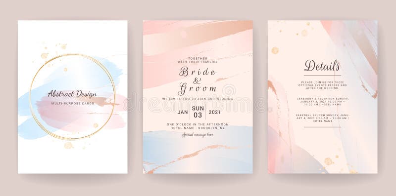 Elegant abstract background. Wedding invitation card template set with watercolor splash and gold decoration. Brush stroke for