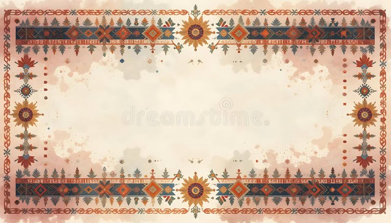 Elegant Acuarelă Etnic Border Design cu Elemente florale și geometrice stock illustration