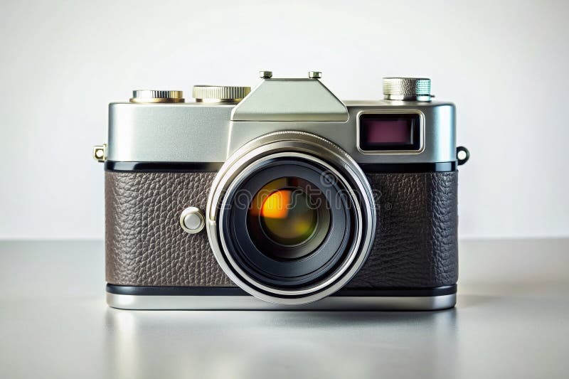 Vintage Analog Camera on White A Minimalist Approach to Timeless Photography. This elegant analog camera rests on a pristine white backdrop, showcasing its timeless design and craftsmanship. The simple, clean lines of the camera emphasize its vintage aesthetic, drawing the eye to the intricate details of its mechanical components. This photographic equipment piece evokes a sense of nostalgia and appreciation for the art of film photography. Its minimalist design makes it