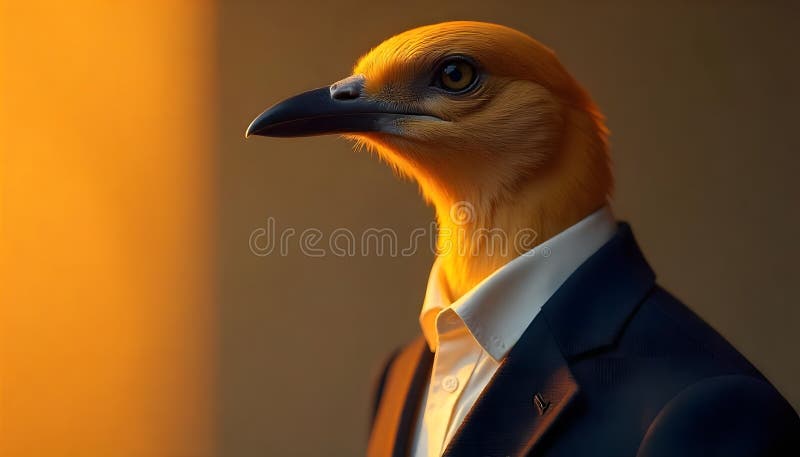 Elegant Anthropomorphic Bird in Business Suit with Warm Lighting stock illustration