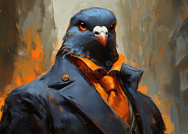 Elegant anthropomorphic bird in a stylish suit amidst abstract background. A sophisticated anthropomorphic bird in a formal suit stands against a vibrant abstract background, blending elegance with artistic flair.