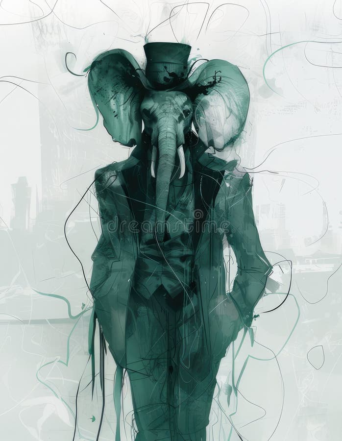 Elegant Anthropomorphic Elephant in a Midnight Green Suit Against a City Backdrop vector illustration