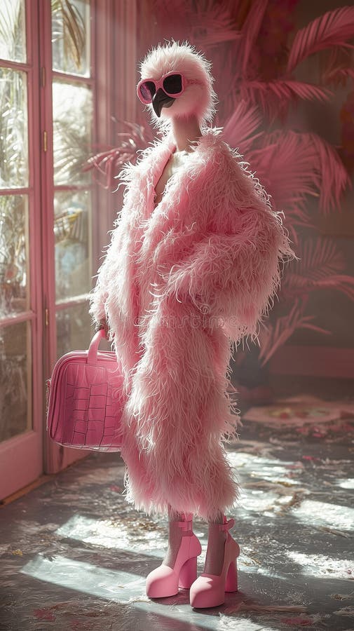 Elegant anthropomorphic flamingo in vibrant pink fur coat vector illustration