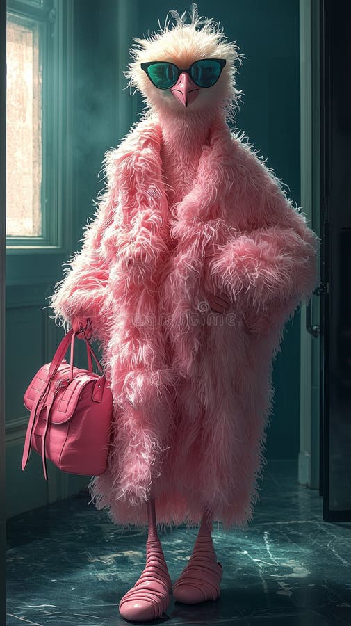 Elegant anthropomorphic flamingo in vibrant pink fur coat royalty free illustration